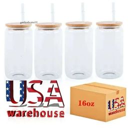 Stock USA CA Warehouse 16oz sublimation Blanks Blanks Bamboo Lière grosée bière de borosilicate Tasse de tasses de pot maçon avec paille en plastique 50pc / C 4.23 0516