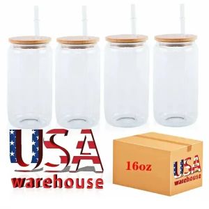 Stock USA CA Warehouse 16oz Sublimación Vidrio Blanks Bamboo Tapa de cerveza esbelada lata Borosilicate Tumbler Mason Jar Cups con paja de plástico 50pc/c 4.23