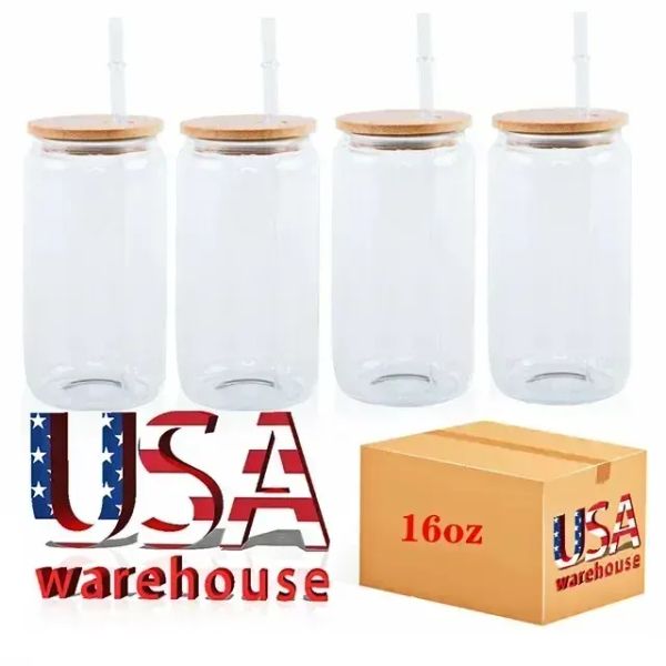 STOCK USA CA entrepôt 16oz Sublimation Verre Blancs Avec Couvercle En Bambou Givré Bière Can Borosilicate Tumbler Mason Jar Tasses Tasse Avec Paille En Plastique 50pc / ctn