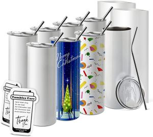 STOCK Warehouse Blancs de sublimation Gobelets à café Tasses droites en acier inoxydable de 20 oz Gobelet blanc avec couvercles et bouteilles de tasse cadeau de transfert de chaleur avec paille