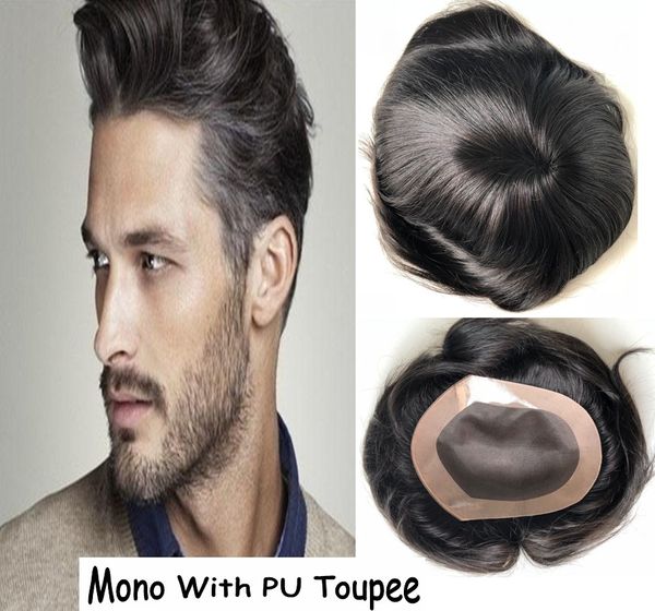 Toupet pour hommes en stock mono dentelle avec périmètre de peau mince pu toupet de vrais cheveux humains pièces de cheveux de qualité supérieure gratuites