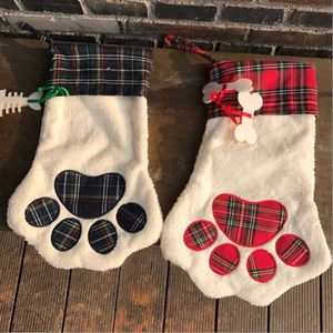 Bas Monogramme Pet Dog Christmas Paw Gift Bag Plaid Xmas Bas Ornements d'arbre de Noël Décorations Party Decor 2 Styles
