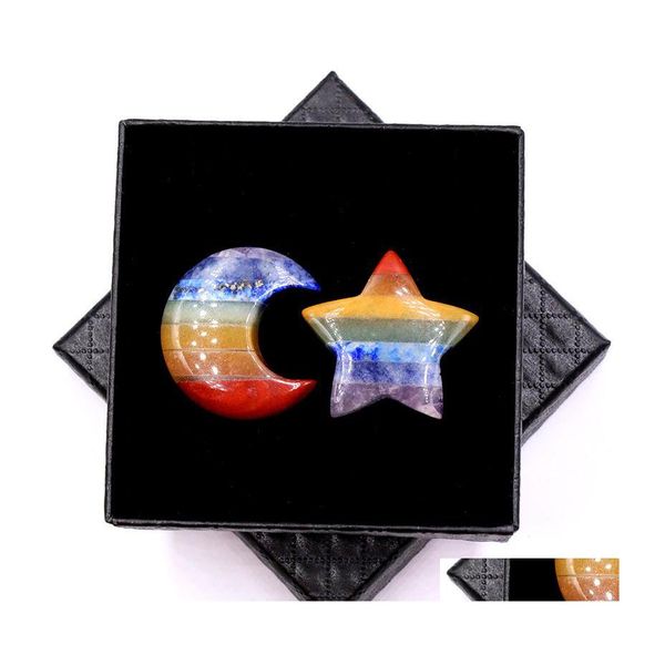 Piedra 30Mm Arco Iris Chakra Tallado Sol Luna Forma de estrella Cristal Curación Meditación Decoración Adornos Manualidades Caja de regalo Entrega de la gota J Dhxvp