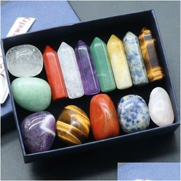 Steen 7 Chakra Set Reiki natuurlijke kristallen ornamenten zeshoekige kolommen Irregar Rock Quartz Yoga Energy Bead Healing Art Craft Home Dro Dhrdr