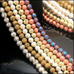 Piedra 8 mm Sier Gold Metal Color Plating Loose Lava Stone Beads Joyería Fabricación Accesorios para pulsera Drop Entrega 2021 Dhseller2010 Dhyj2