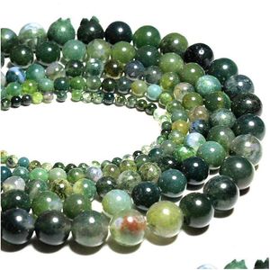 Piedra 8 mm al por mayor Moss Grass Agat Natural Round Loose Green Beads para la fabricación de joyas 4/6/8/10/12 mm DIY Pulsera Strand 15.5 Dhdpo