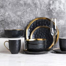 Ensemble de vaisselle en porcelaine en porcelaine en pierre 16 pièces, service pour 4, plats de jante noirs et dorés assiette de dîner céramique