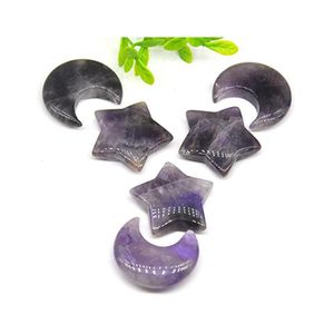 Stone Moon Star -vormige set beelden Purple Amethist Crystal Mascot Meditatie Genezing Reiki edelsteen Geschenken Ruimte Decor Decor Drop levering Jood Dhgvr