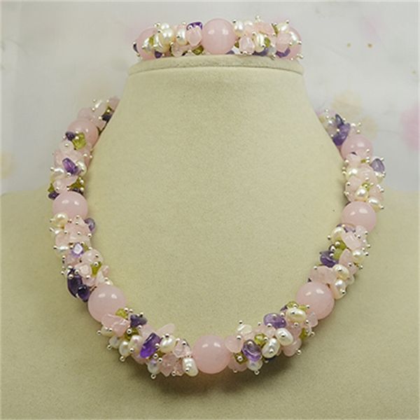 Bracelet collier en pierre, mélange de perles d'olivine rose, bijoux faits à la main.
