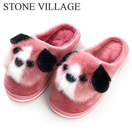 Stone Village Dames Slippels Mooie hond Dierafdrukken Mix kleuren Flat Indoor Shoes Women Plush Warm Home Slippers Maat 3641 201023