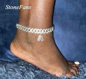 Stonefans AZ bricolage Baguette Miami 12mm bracelet de cheville cubain pendentif lettre pour femmes glacé CZ lien Hiphop pied bijoux 2107091227080