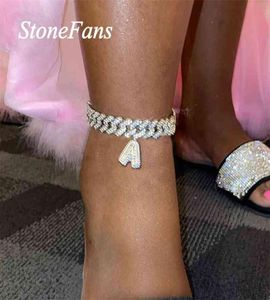 Stonefans az eerste letter ketens sieraden voor vrouwen miami iced cubaanse staguette enkelband zirkon enkel armband9390310