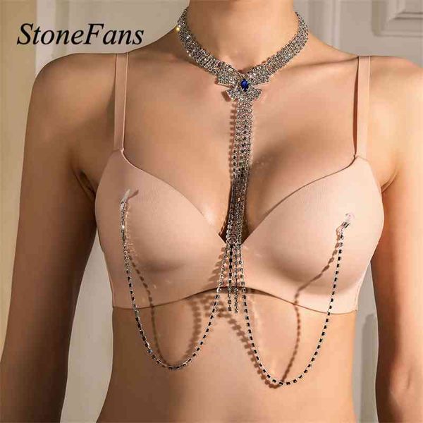 Stonefans-joyería azul con diamantes de imitación para pezón, collar con arnés sin perforación, cadena corporal de cristal, pecho para mujer, traje Rave
