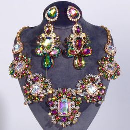 Stonefans goutte strass collier boucles d'oreilles ensemble pour femmes accessoires de fête de mariage Drag Queen ensemble de bijoux exagéré cadeau 240118