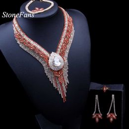 StoneFans Dubai, conjunto de collar de oro y piedra roja de lujo para mujer, borla, hojas de planta, nupcial, diamantes de imitación, circón, conjuntos de joyería de boda H1022