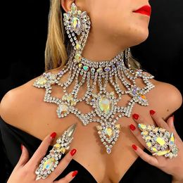 Stonefans exagérer collier et boucles d'oreilles ensembles pour femmes mariage cristal 2 pièce/ensemble plus grand strass ensemble de bijoux 240228
