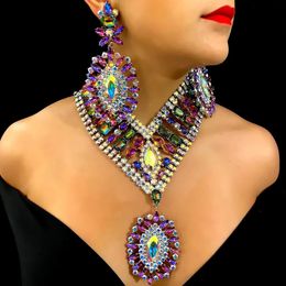 Stonefans-Conjunto de pendientes y collar exagerados para mujer, venta al por mayor, accesorios de Drag Queen, conjunto de joyería llamativa con diamantes de imitación grandes 240228
