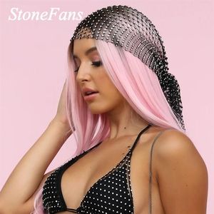 Stonefans fait à la main Bling cristal tête écharpe gland bijoux pour femmes mode strass tête accessoires noir bandeau creux J013025