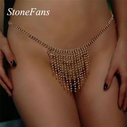 Stonefans luxo borla sexy corpo corrente roupa interior calcinha tanga para mulheres cristal barriga cintura corrente corpo jóias t2005082343