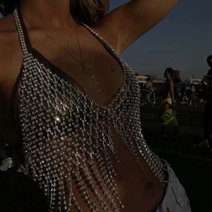 Stonefans Mesh Strass Kwastje Beha Keten Bikini Lichaamsaccessoires Festival Kleding Sexy Kristal Lingerie Sieraden Jurk Vrouwen 240221