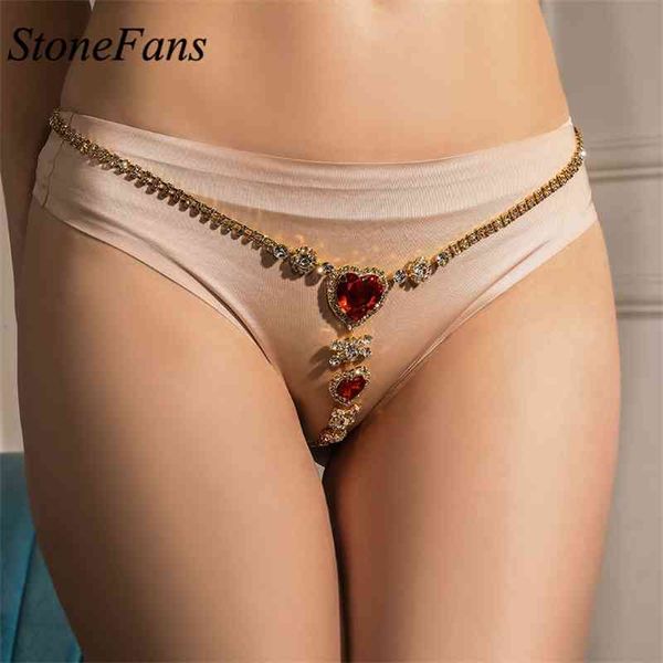 Stonefans Red Crystal Heart Tanga Bikini Bragas Cadenas sexuales para mujeres Rhinestone Body Belly Chain Ropa interior Joyería vintage