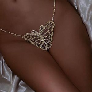 Stonefans Sexy Vrouw Vlinder Slipje Ondergoed Bling Crystal Rhinestone Bikini Thong Taille Buik Keten Lichaam Jewelry296a