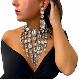 Stonefans Kwastje Vierkante Sieraden Set voor Vrouwen Overdrijven Zomer Oversize Accessoires Kristal Ketting Oorbellen 240305