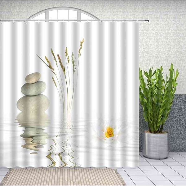 Pierres et Lotus blanc dans l'eau rideau de douche Zen SPA salle de bain imperméable Long tissu Polyester pour décor de baignoire 210915