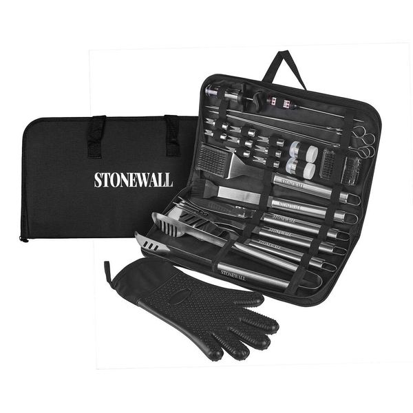 Stonewall Ensemble d'outils pour barbecue en acier inoxydable, design solide et durable, gants résistants à la chaleur, ustensiles, thermomètre, injecteur de viande, brochettes, brochettes de maïs – Parfait