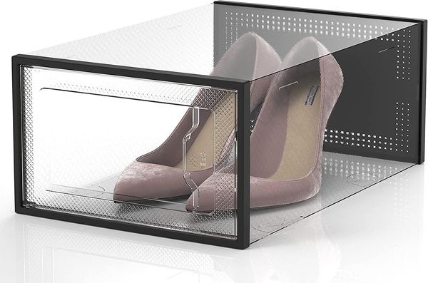 Almacenamiento Paquete de 12 Cajas de Almacenamiento de Zapatos Organizador de Zapatos apilable de plástico Transparente para Armario Contenedores de Zapatillas de Zapatos Plegables (Negro)