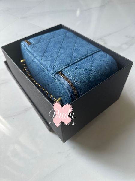 Sac de rangement 19x10x11,5 cm, boîte en denim d'organisation de cadeau de maquillage avec chaîne, cadeau de fête, emballage complet