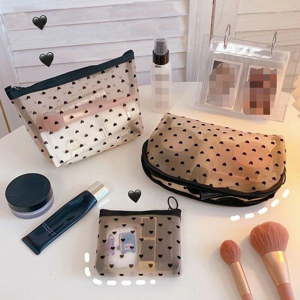 Sacs de rangement 1 PC Mesh Cosmétique Maquillage Titulaire Mignon Transparent Zipper Noir Coeur Imprimé Crayon Stylo Pochette Pratique À Transporter