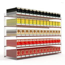 Bolsas de almacenamiento 10 paquetes Estante de exhibición de cigarrillos automático Soporte de soporte de encimera Aluminio Supermercado Empujador de humo Gabinete