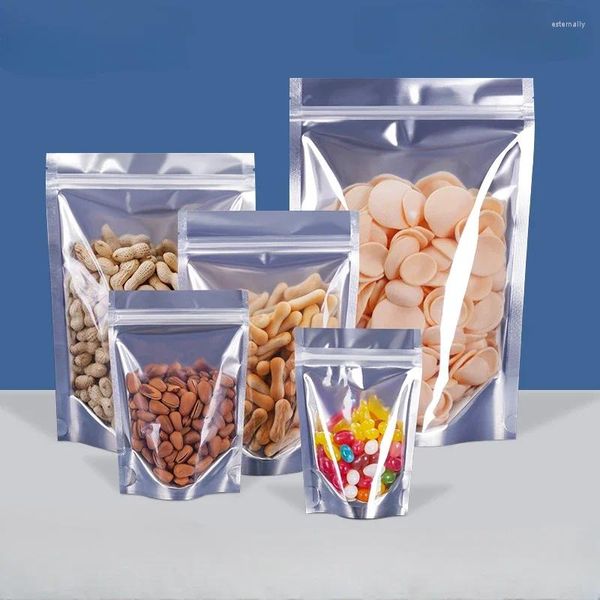 Bolsas de almacenamiento 100 unids Ventana de papel de aluminio Color plata Plástico Té Productos secos Subpaquete Saco Supermercado Pantalla Frontclear Bolsa de soporte