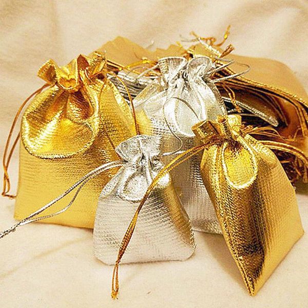 Bolsas de almacenamiento, 100 Uds., embalaje de joyería, tela de papel de aluminio dorado, cordón de regalo de Navidad, bolsillos de embalaje, accesorios, bolsas, bolsas de boda