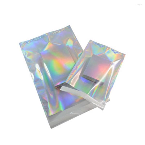 Sacs de rangement 100 Pcs Laser Holographique Feuille D'aluminium Auto-adhésif Sac Enveloppe Fichier Chemise Vêtements Cadeau Cosmétique Avec Avant Clair