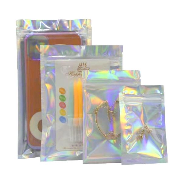 Sacs de rangement 100 Pcs/Lot en plastique transparent pailleté argent Mylar feuille sac auto-scellant déchirure encoche pochettes plates réutilisables collation thé PackStorage B