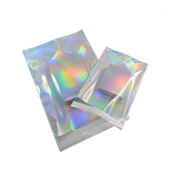 Bolsas de almacenamiento 100 unids / lote Láser Mylar Foil Película de plástico frontal transparente Autoadhesivo Adhesivo Cosmético Paquete de ropa Bolsa Sobre Bolsas de productos