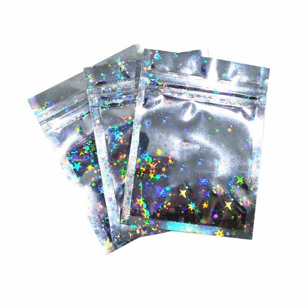 Bolsas de almacenamiento 100 unids / lote resellable estrella láser paquete de papel de aluminio bolsa de lágrima muesca cremallera autosellante frutas secas bolsas de dulces