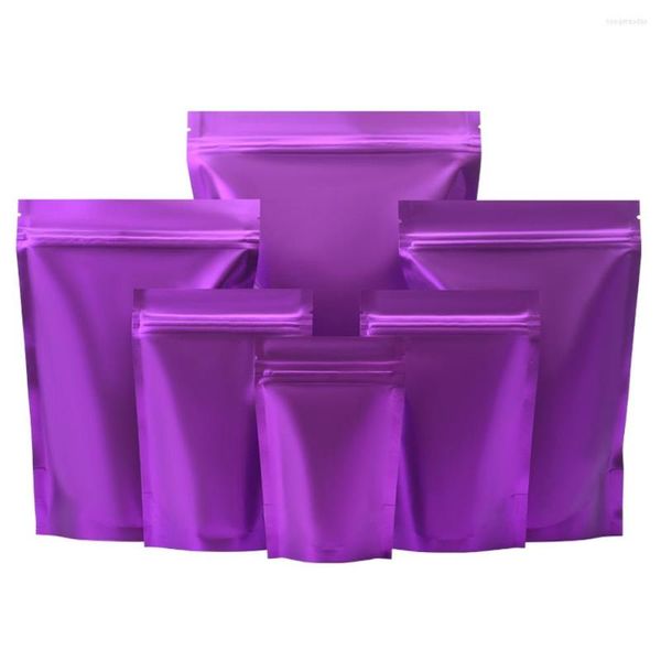 Bolsas de almacenamiento 100 unids mate púrpura mylar hoja de pie bolsa de pie muesca de lágrima sello de agarre resellable resellable alimentos dulces bolsas de embalaje de té