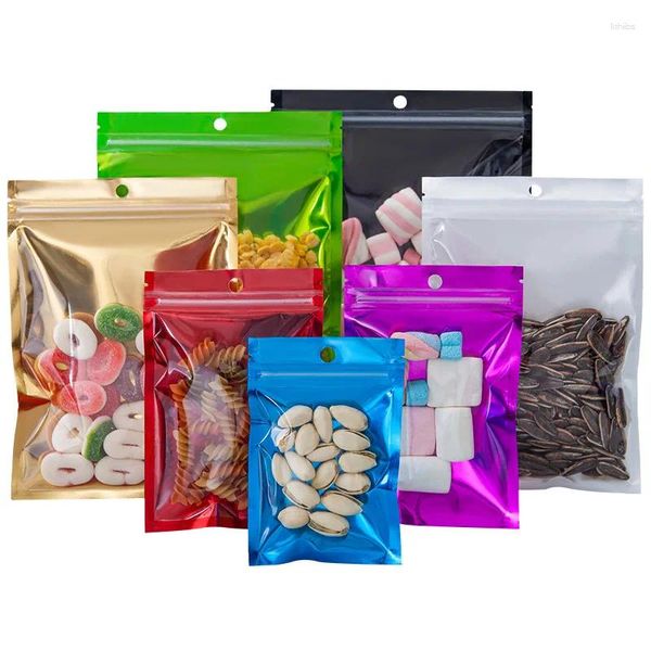 Bolsas de almacenamiento 100 unids Colores de metal Papel de aluminio Caramelo plano Resellable Bolsa de embalaje sellada con cremallera con cierre de cremallera Paquetes de café en polvo