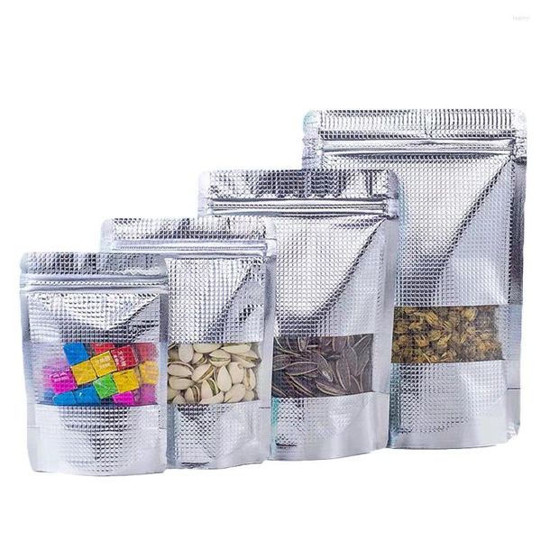 Sacs De Stockage 100 Pcs Argent Plaid Tatouage Feuille D'aluminium Fenêtre Transparente Sac D'emballage Alimentaire Fruits Secs Noix Chocolat Thé Stand Up Zip