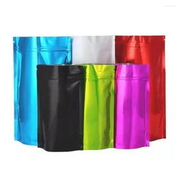 Sacs de rangement 100pcs fermeture à glissière sceau encoche Doypack refermable pochettes alimentaires brillant coloré aluminium Mylar feuille Stand Up sac