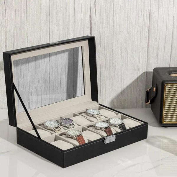 Sacs de rangement 12 grilles Boîte de montre Boîte en cuir Organisateur de support de boîtier pour le bracelet Boîtes bijoux Boîtes d'affichage Cadeau