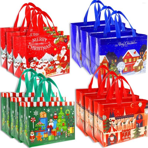 Sacs de rangement 12pcs cadeau de Noël avec poignées fourre-tout non tissé sac d'épicerie réutilisable léger pliable