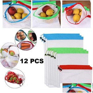 Sacs de rangement 12pcs Mesh réutilisables Produisent un sac DString à double cousue Mtipurpose fruits de légumes Drop Drop Livrot Homek Housek Dhusy