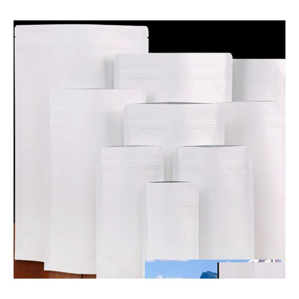 Bolsas de almacenamiento 150 unids / lote papel kraft blanco papel de aluminio stand up bolsa de embalaje bolsa reutilizable doypack para alimentos secos snack drop deliv otftb