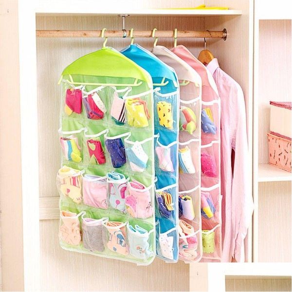 Sacs de rangement 16 Treillis Transparent Armoire Sac Étagère Suspendue Chambre Mur Porte Placard Net Enfants Jouet Organisateur Drop Livraison Maison GA Dhbg7