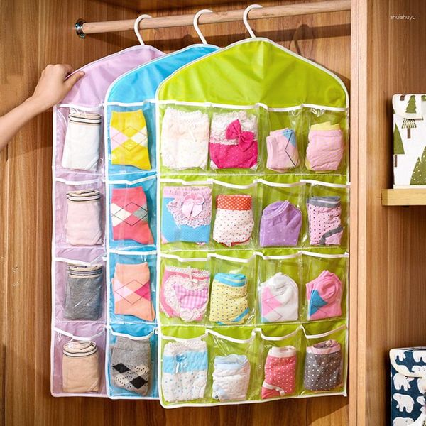 Bolsas de almacenamiento 16 bolsillos Ropa interior Bolsa colgante Calcetines transparentes Sujetador Papelería Rack Misceláneas Clasificación Ahorro Organizador de espacio