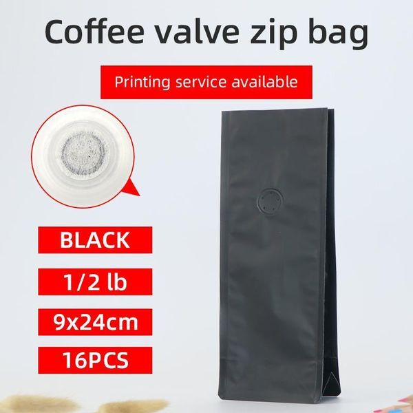 Sacs de stockage 16 pièces 1/2 livre 250g grain de café noir mat un côté Valve de dégazage sac d'emballage bloc fond pochette debout